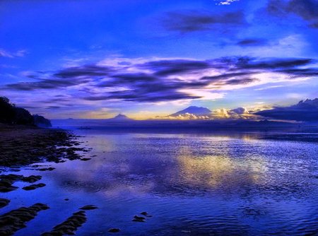 Shades of blue - water, clouds, reflections, evening, shore, blue