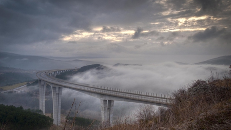 bridge in the mist - clouds, highway, sky, bridge