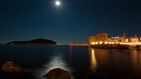 bay - moon, lights, fort, bay