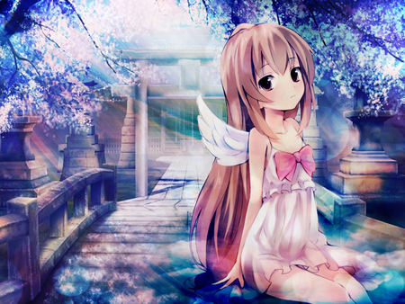 Sanctuary - anime, anime girl, wings, colors, long hair