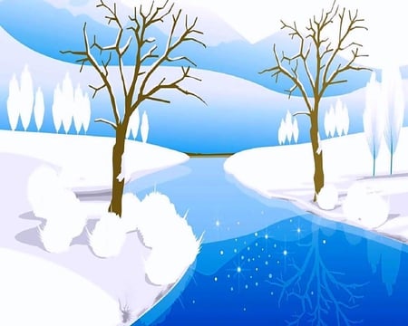 A Winter Day - ice, trees, blue, snow, river