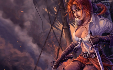 Pirate girl - fighter, warrior, girl, sword, battle, fantasy, redhead, purple, pirate, art, sexy