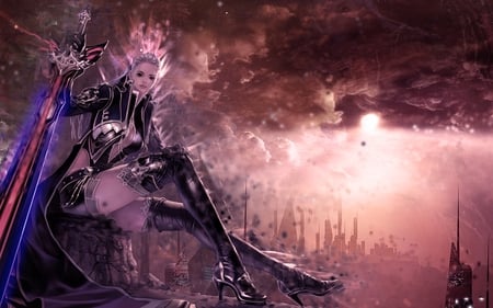 Evil - sky, female, sun, light, cg, glow, dark, game, anime, sword