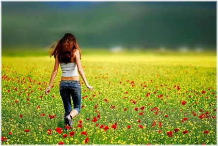 Nature Beauty - flowers, poppies, green, girl, field