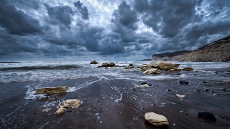 Storm is coming - beach, ocean, cliff, wave, storm, nature, view, cloud, tide, rock, sand