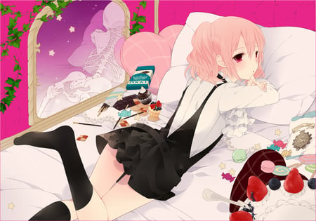 Karuta - bed, inuxboku, girl, cute, dessert, pink hair, sweet, skeletal