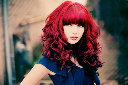 Red Hair - red hair, female, red, girl, cute, blue dress, curly hair, long hair