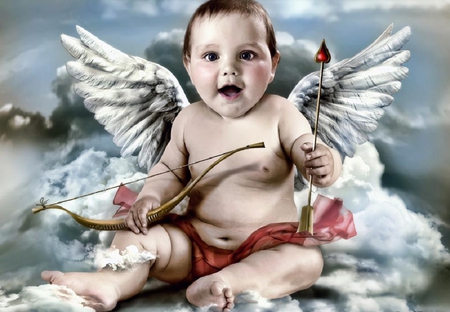 Cupid - love, gift, heart, photography, wings, valentine, valentine day, abstract, baby, bow, romantic, clouds, beautiful, romance, arrow