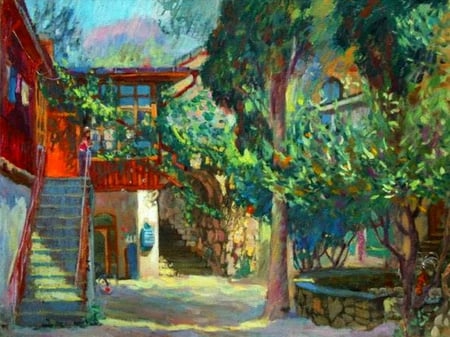 E.Kashnikova - patio, painting, art, e kashnikova, tree