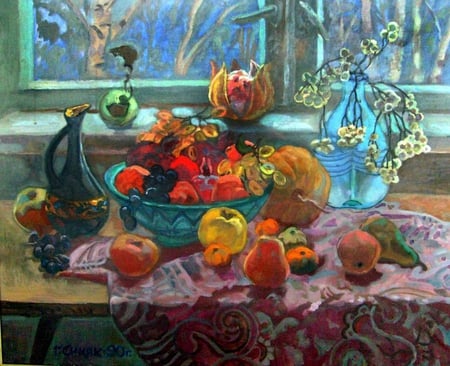 G.V.Sinyuk. Winter Still Life - painting, art, window, still life, g v sinyuk