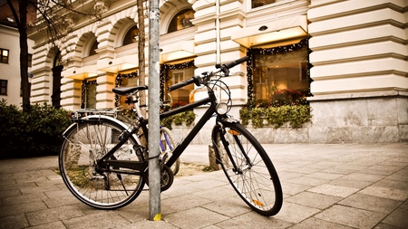 bike - bike, locked, sidewalk, building