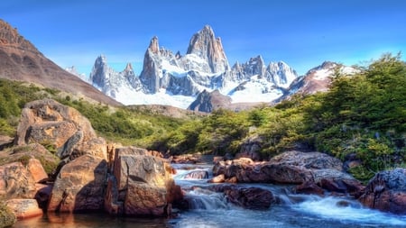 mountain stream hdr - mountain, snow, river, hdr, rocks