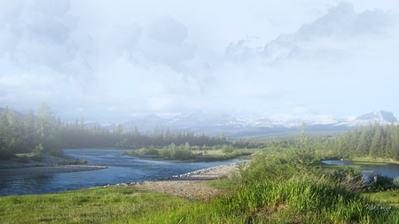 Mist on Winding River - sky, field, mountains, mist, nature, clouds, river, scenery, grass