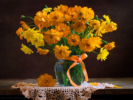 Still life - nice, delicate, room, bouquet, lovely, still life, vase, pretty, beautiful, table, orange, flowers, harmony