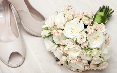 Bouquet - pretty, roses, romantic, romance, flowers, for you, bride, white flowers, beautiful, photography, wedding, beauty, lovely, with love, love, still life, sweet, special day, bouquet, future, shoes, white, nature