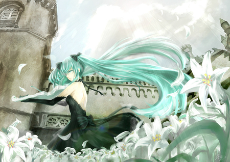 Hatsune Miku - hatsune miku, sky, long hair, flowers, aqua hair, dress