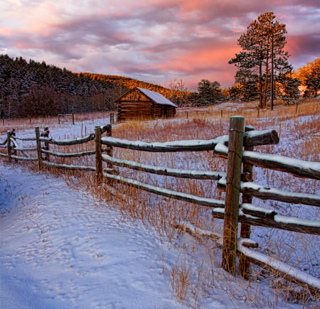 Winter-HDR - pretty, amazing, snow, great, sunrise, forest, mountain, view, nice, sky, clouds, house, trees, winter, beautiful, photography, beauty, colors, lovely, cool, architecture, tree, white, nature, sunset, season