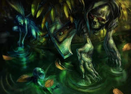 The Drownyng Pool - abstract, fantasy, pool, artwork, fairy, evil, dark, skull