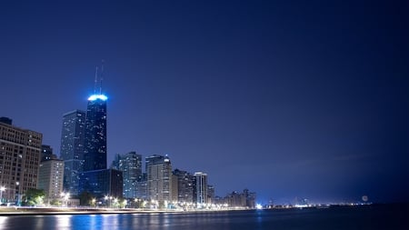 city - skyscrapers, lakeside, city, night