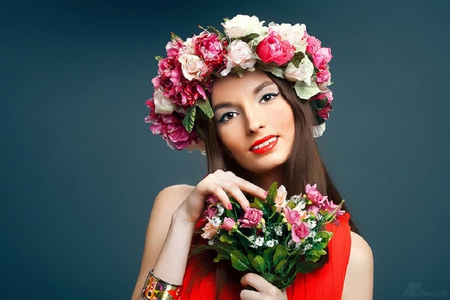 Flower girl - sexy, girl, headress, flowers, lovely pretty seductive, model