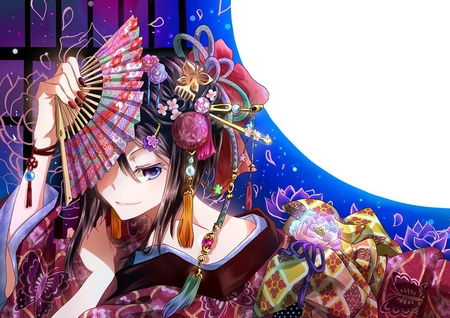 Anime - decoration, fan, full moon, kimono, anime, japanese, asian