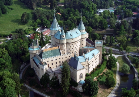 Slovakia Castle Bojnicky - building, trees, landscape, 06, 2012, slovakia, picture, 02, copper roofs, castle, moat, europe