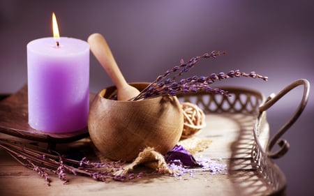 Spa - pretty, relax, pestle, lavender, romantic, romance, light, peace, flowers, sweet moments, aromatic, purple, bowl, flames, candles, spa, beautiful, photography, candle, fragrance, beauty, colors, lovely, candlelight, harmony, treatments