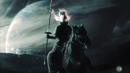 Dark Horseman - pretty, fantastic, planet, lance, space, stunning, nice, atmosphere, abstract, sunlight, person, valley, horse, knight, wonderful, universe, skyphoenixx1, horizon, hills, rider, people, amazing, man, spear, outstanding, art, sky, clouds, moon, fighter, lens flare, beautiful, dark horseman, fantasy, awesome, mountains