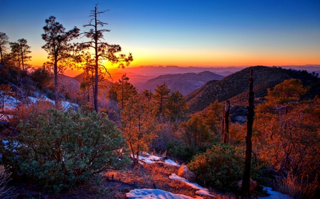 MOUNTAIN VALLEY at DUSK - mountains, slopes, hills, woods, trees, sunset, distance