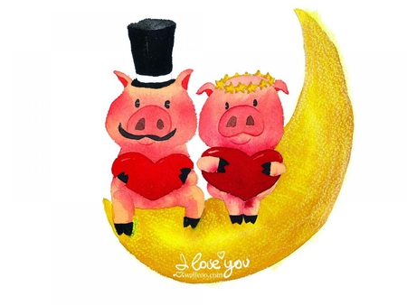 Moon Love - moon, love, yellow, pig