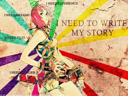 Wirte My Story - sexy, girl, pink hair, attack, fantasy, fate, life, anime, paper, colors, memories, sword, story, dress, history