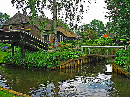 House near the small river - sky, trees, countryside, nature, reflection, river, house, small, bridge, rustic