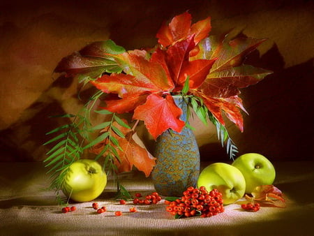 Autumn still life - nice, season, autumn, lovely, berries, still life, apples, vase, green apples, fall, pretty, red, beautiful, leaves, harmony