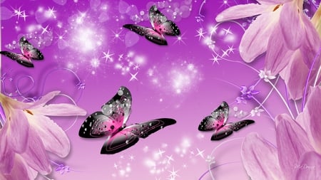 Adoring Butterflies - fairy dust, lavender, summer, butterflies, spring, pink, stars, flowers, papillion, purple, lights