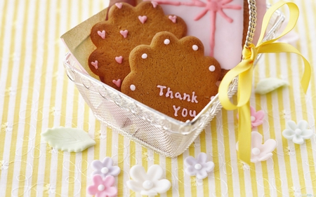 Thank you - cookies, flowers, sweet, ribbon, pastel, heart, hearts, sugar, biscuits, basket, food