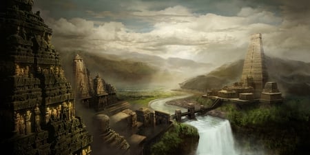 The lost city - sky, cloud, mountain, city, waterfall, lost