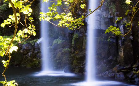 Double Waterfall - calm, multicolor, rivers, brown, scene, scenario, spring, widescreen, trunks, plants, seasons, woods, maroon, moss, colors, natural, stones, colours, laguna, green, computer, shadows, blue, amazing, leaves, forests, view, relaxant, water, photoshop, cool, rest, colorful, black, relax, waterfalls, summer, scenery, brilliant, restful, nice, vibrant, paysage, beauty, white, picture, paisage, nature, high definition, background, lakes, wallpaper, cascades, landscape, photo, desktop, creeks, surface, grove, hd, branches, trees, relaxing, image, beautiful, photography, rock, pc, duplicate, paisagem, cenario, double, refreshment, awesome, lagoons, cena, panorama, multi-coloured, leaf, day