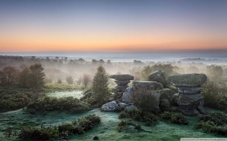 mist - plains, grass, mist, rocks