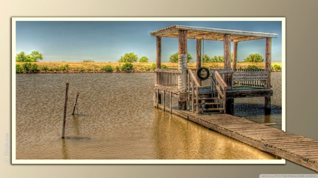 pier thru the frame on the bayou hdr - lake, frame, art, pier