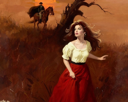 Runaway - beautiful, maguire, gypsy, man, horse, fantasy, red, painting, woman, black hair, field, art, runaway