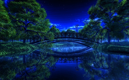 Blue Hour - sky, night, reflections, dark, blue, photoshop, beautiful, clouds, hdr, dusk, bridge