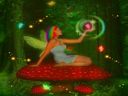 MUSHROOM FAIRY - rainbow, mushroom, forest, female, hair, colorful, wings, fairies