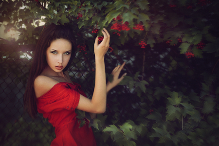 Sensual in Red - girl, pretty, red, eyes, sensual, berries