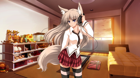 Foxgirl Sexy - bedroom, tail, blush, foxgirl sexy, hot, anime girl, toys, wow, cool, window, headphone, gray hair, room, thighhigh, skirt, tie, foxgirl, sexy, female, music, sunrise