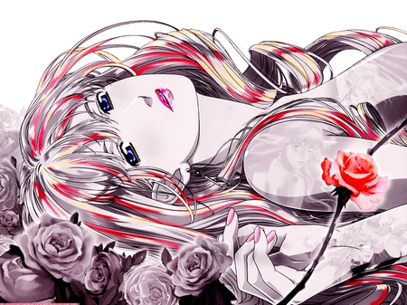 tatto - white, tatto, love, kiss, girl, pink, anime, flowers