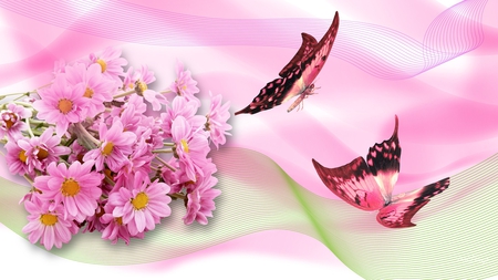 Fresh Spring Breeze - flowers, breeze, summer, gerbera daisy, daisy, butterfly, spring, pink