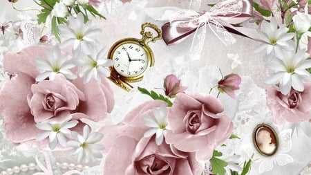 Your Grandmothers Roses - roses, white flowers, mauve, white roses, lace, cameo, pocket watch, vintage, ribbon, brooch, bow, antique