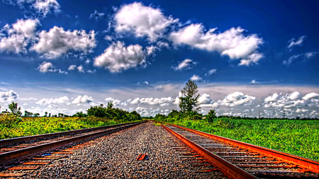 Beautiful Sky - beauty, sky, trees, blue sky, tracks, field, view, pretty, cloud, clouds, summer time, green, tree, grass, rail tracks, railway, landscape, summer, lovely, nature, blue, beautiful, splendor, stones, colors