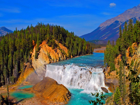 Mountain waterfall - trees, water, water stream, mountain, fall, river, nature, waterfall, sky, rocks