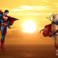 Supergirl and Superman at sunset